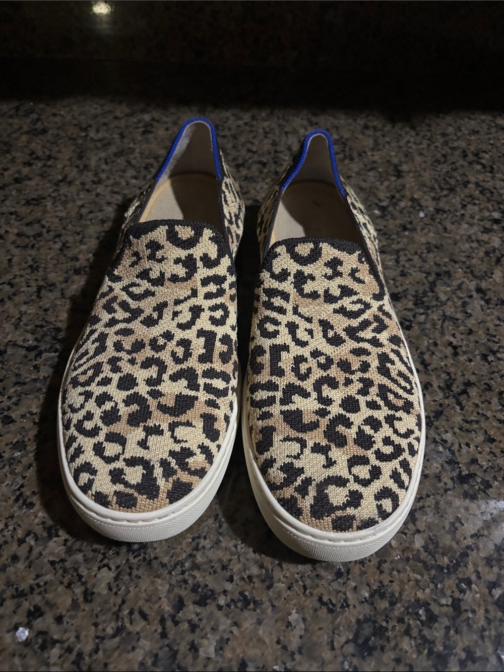 Rothy's Leopard Print Slip-On Sneakers in Tan and Black